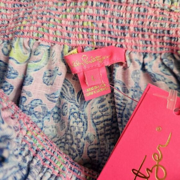 Lilly Pulitzer Linen Top Womens Large Leanne Off the Shoulder Lilac Rose We Merm - Picture 6 of 7